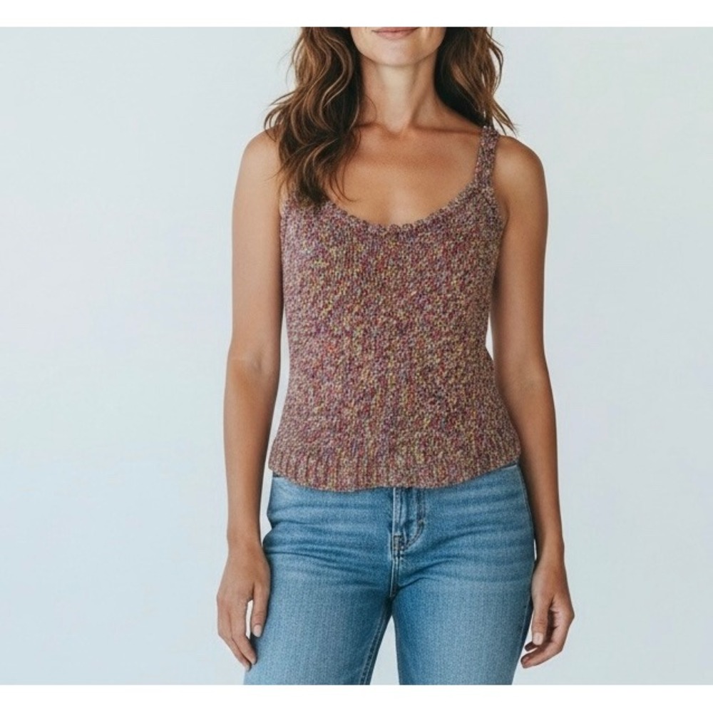 St. John Sport Knit Tank Top Medium Multi Color Boho Ruffle Trim Festival Summer